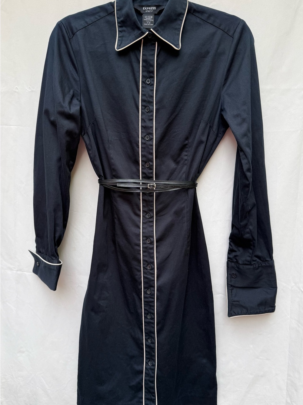 Express Black Long-Sleeve Shirt Dress with Cream Piping